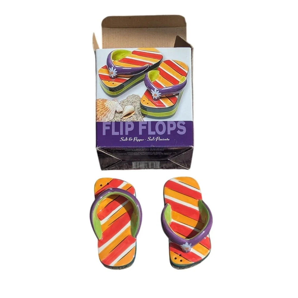 Clay Art Flip Flops Salt and Pepper Shaker Set Striped Beach Summer Decor